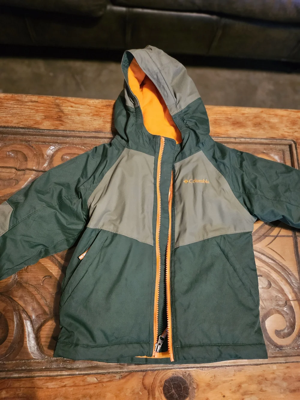 Columbia Kids Green Gray Waterproof Omni Heat Hooded Ski Jacket Orange Lining 4T
